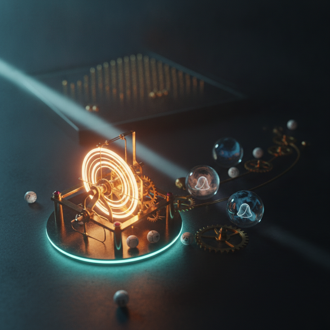Illustrazione editoriale cinematografica su probabilità e statistica, luce gold su fondo scuro