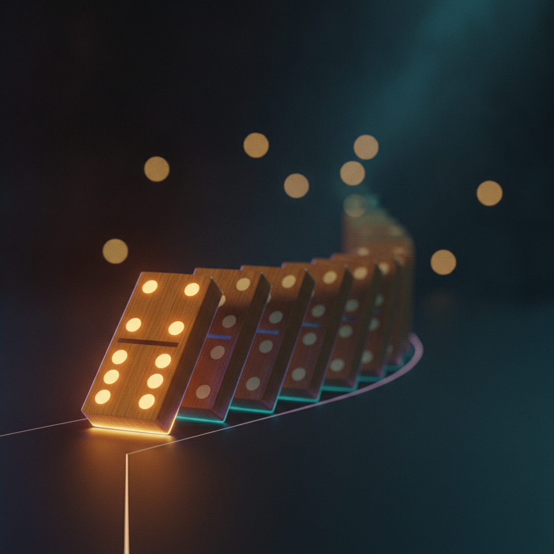 Scena 3D cinematografica che illustra il caso e la distribuzione, toni oro su near-black