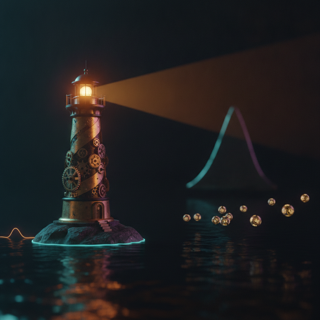 Illustrazione editoriale cinematografica su probabilità e statistica, luce gold su fondo scuro