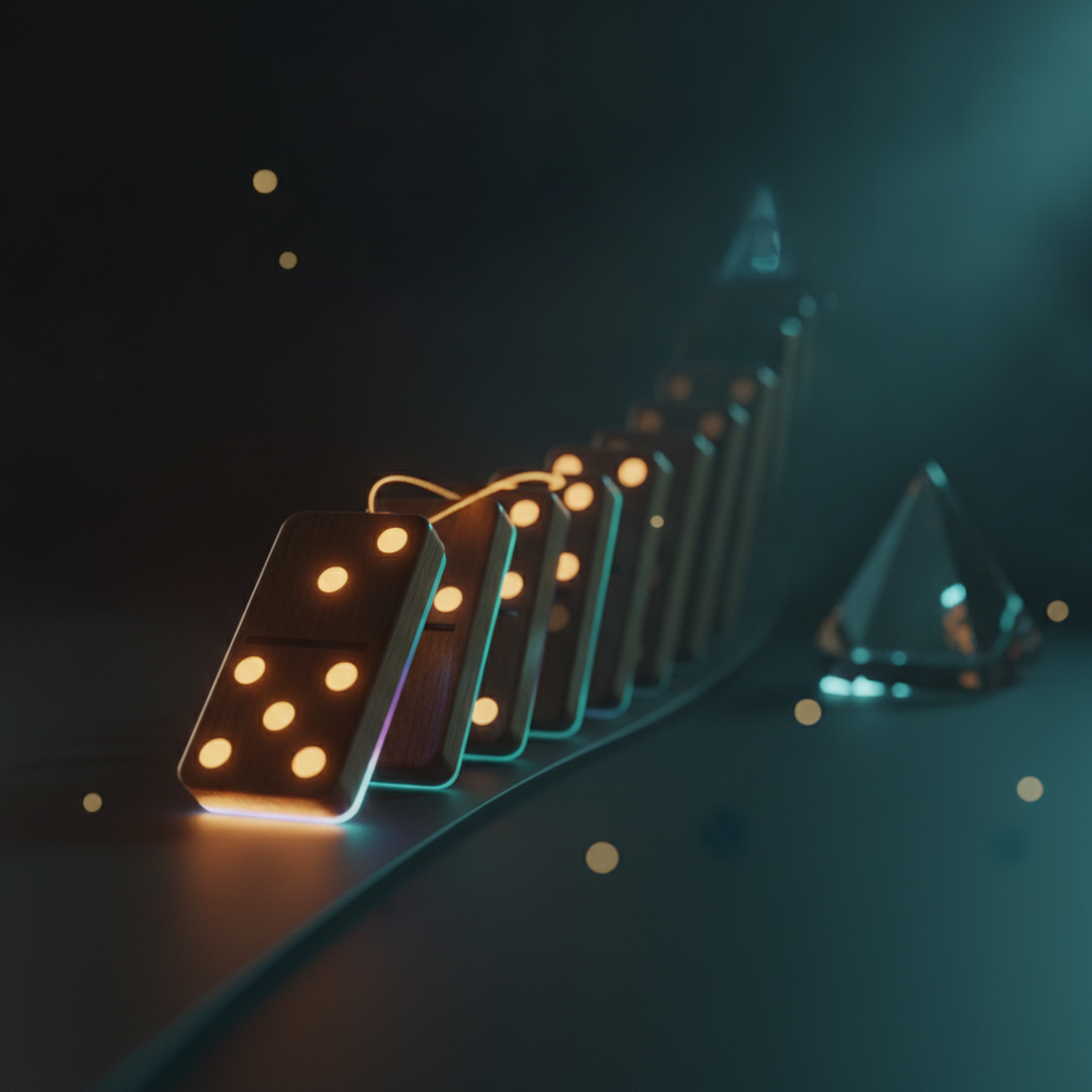 Scena 3D cinematografica che illustra il caso e la distribuzione, toni oro su near-black