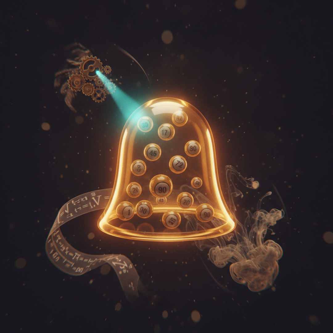 Illustrazione editoriale cinematografica su probabilità e statistica, luce gold su fondo scuro