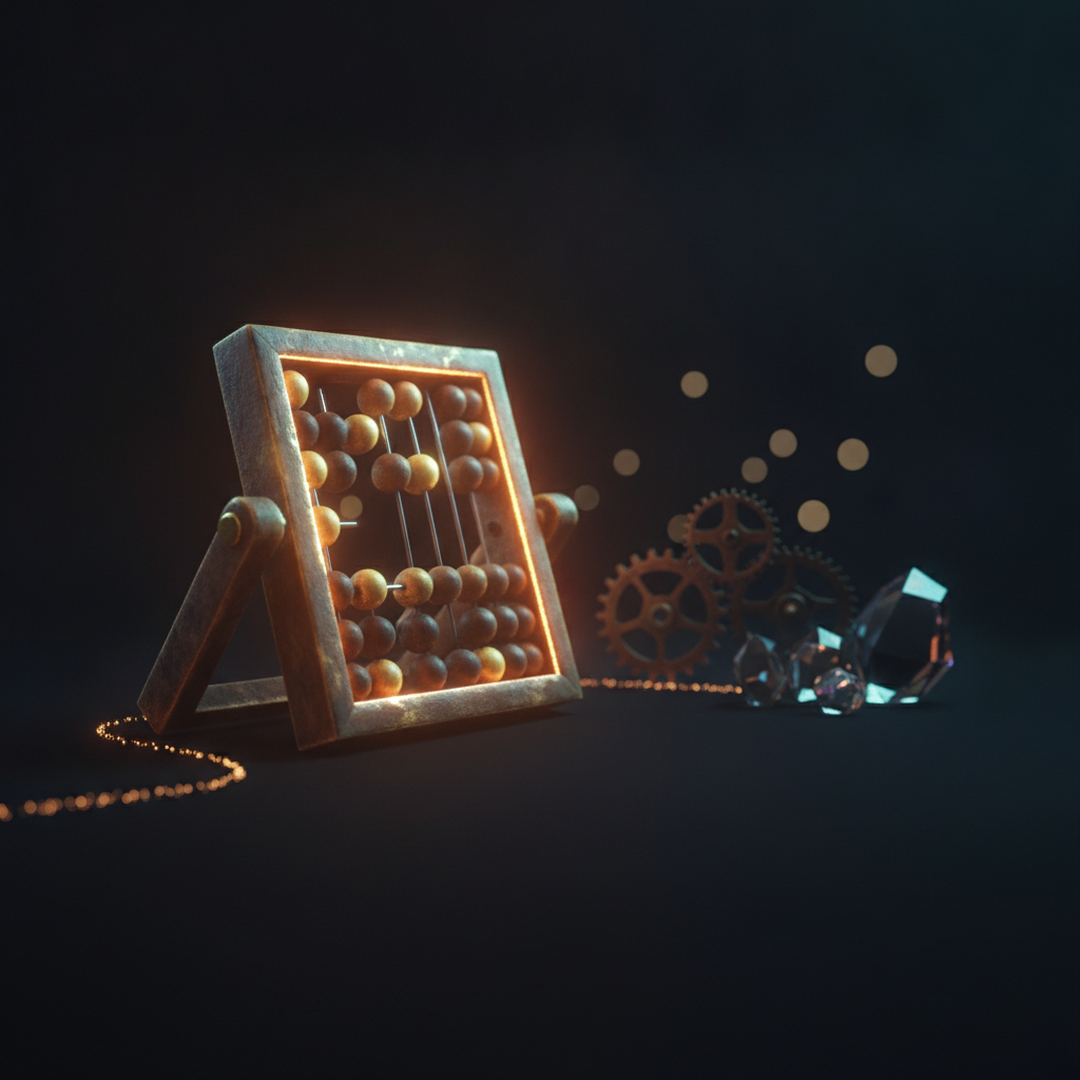 Illustrazione editoriale cinematografica su probabilità e statistica, luce gold su fondo scuro