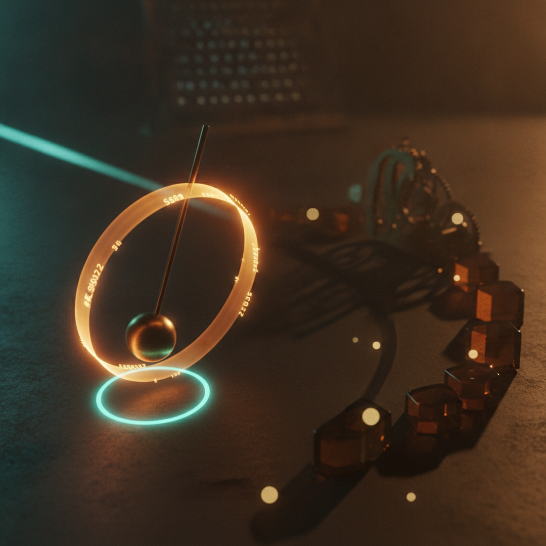 Scena 3D cinematografica che illustra il caso e la distribuzione, toni oro su near-black