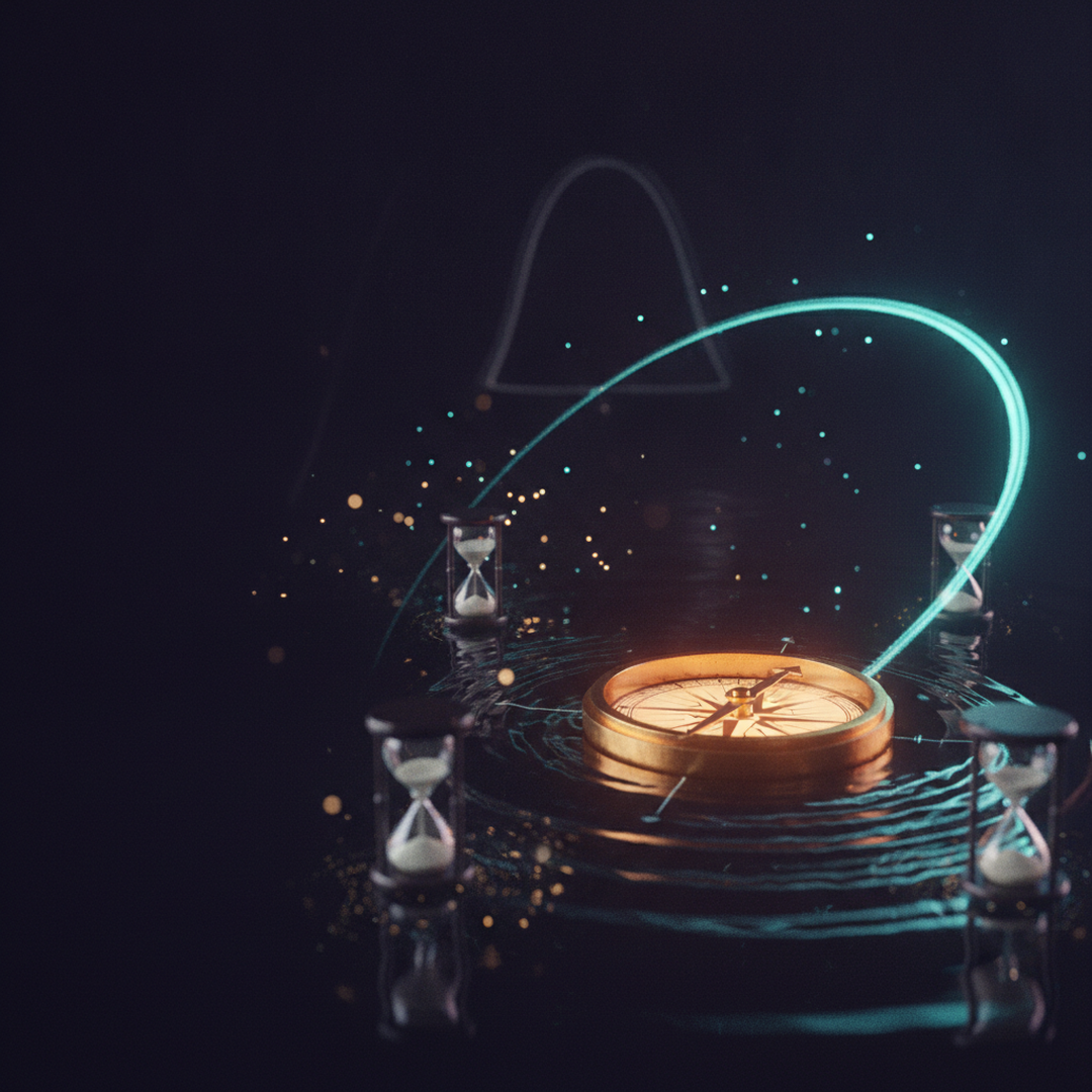 Scena 3D cinematografica che illustra il caso e la distribuzione, toni oro su near-black