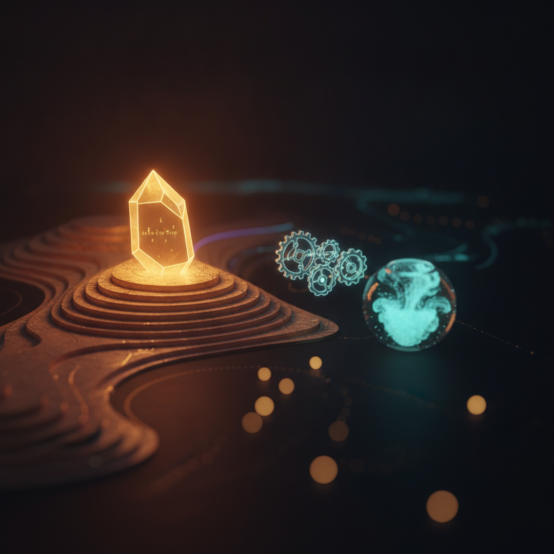 Scena 3D cinematografica che illustra il caso e la distribuzione, toni oro su near-black