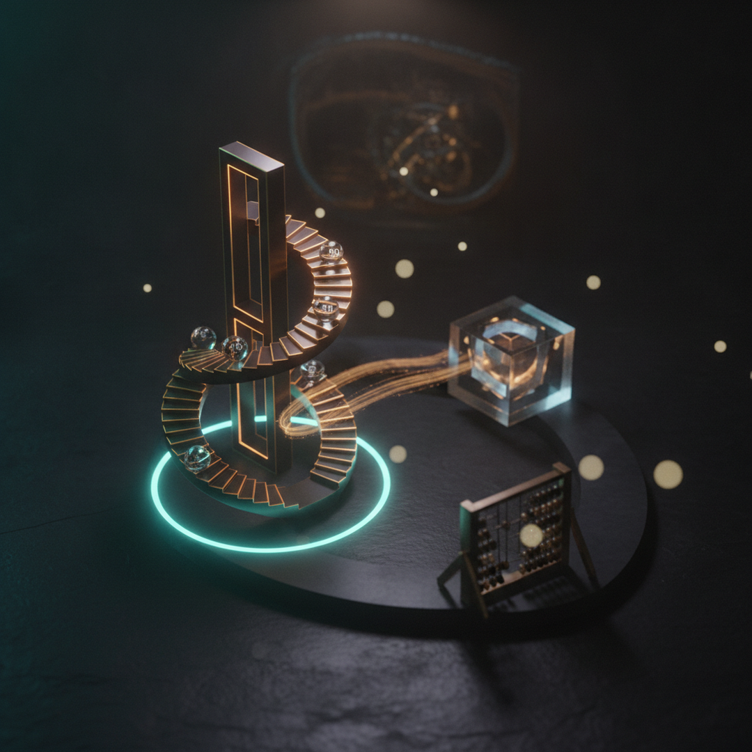 Illustrazione editoriale cinematografica su probabilità e statistica, luce gold su fondo scuro
