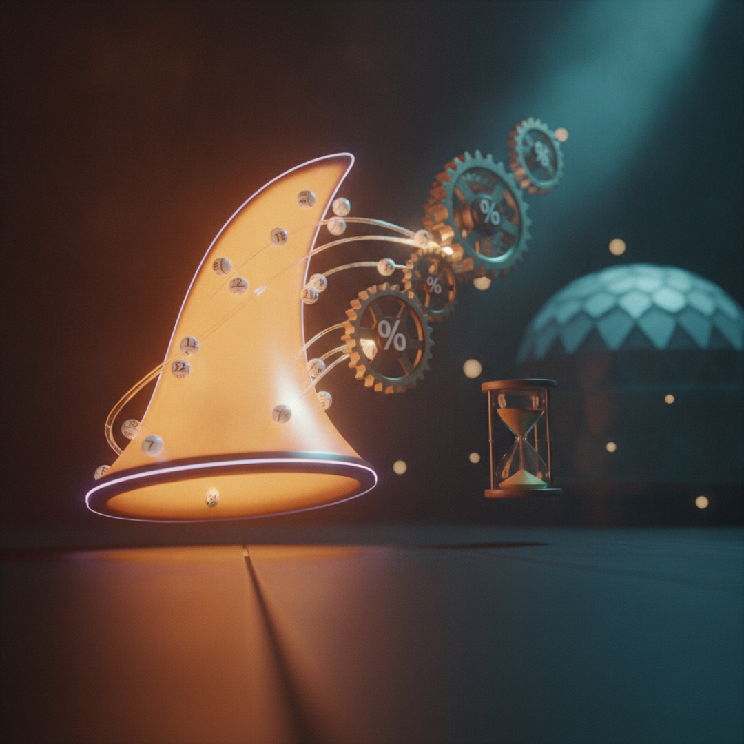 Scena 3D cinematografica che illustra il caso e la distribuzione, toni oro su near-black