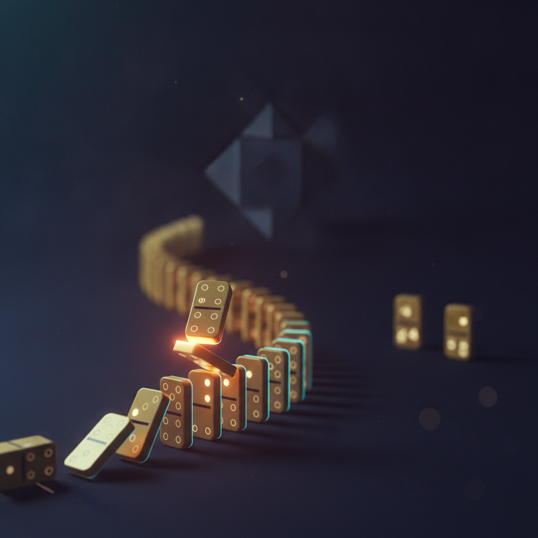 Scena 3D cinematografica che illustra il caso e la distribuzione, toni oro su near-black