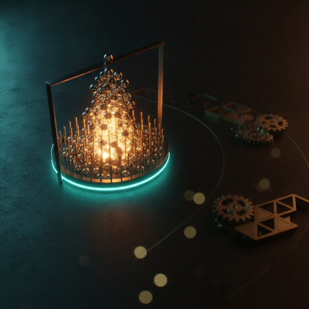 Scena 3D cinematografica che illustra il caso e la distribuzione, toni oro su near-black
