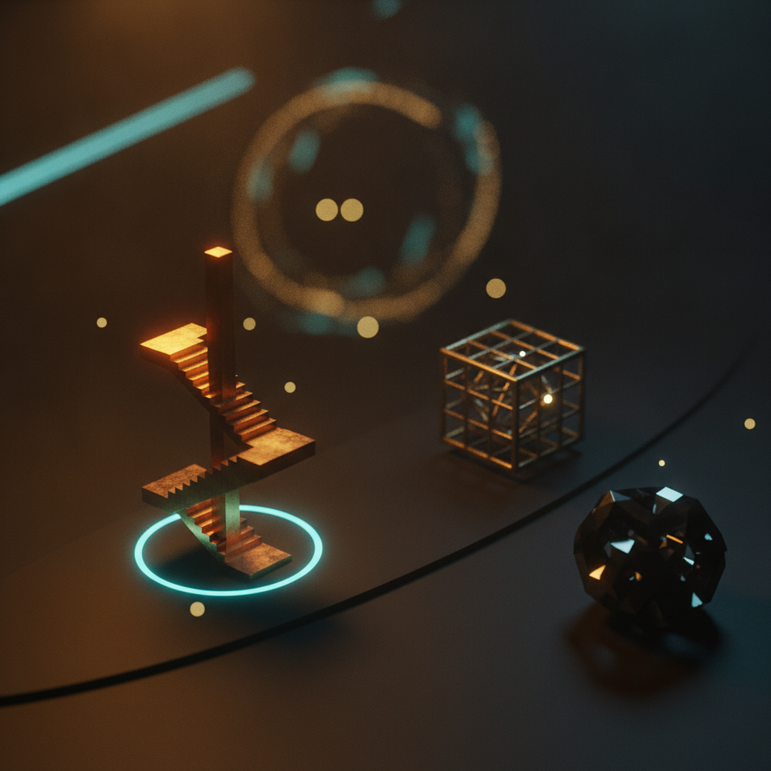 Scena 3D cinematografica che illustra il caso e la distribuzione, toni oro su near-black