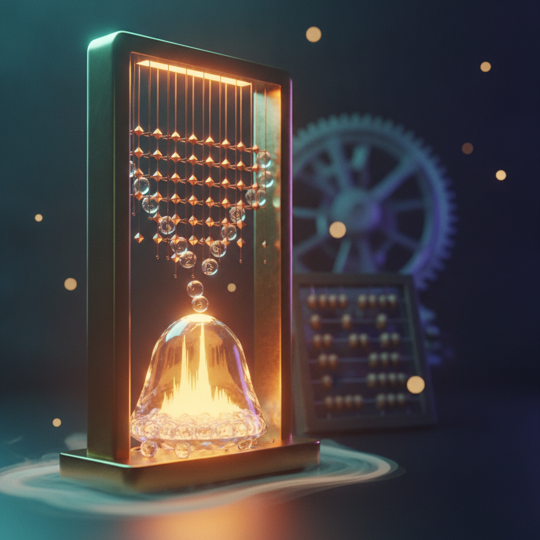 Illustrazione editoriale cinematografica su probabilità e statistica, luce gold su fondo scuro