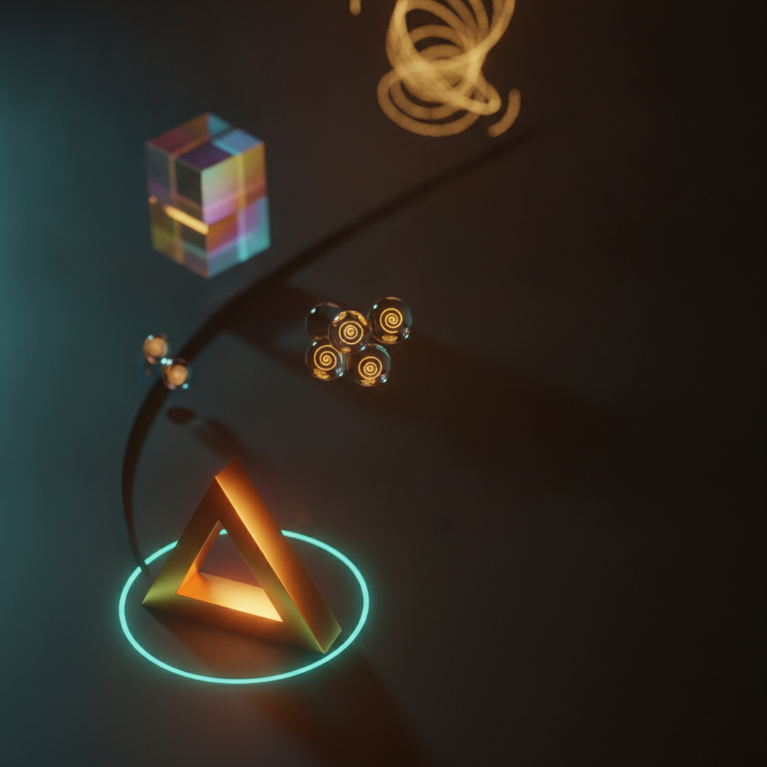Scena 3D cinematografica che illustra il caso e la distribuzione, toni oro su near-black