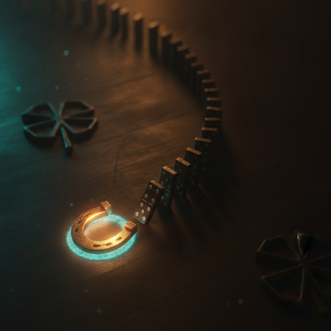 Scena 3D cinematografica che illustra il caso e la distribuzione, toni oro su near-black