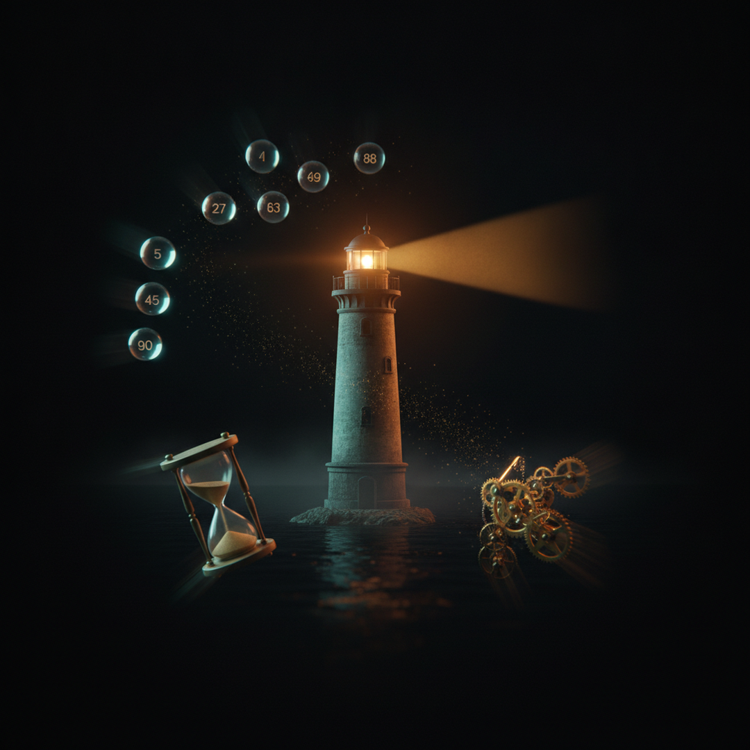 Illustrazione editoriale cinematografica su probabilità e statistica, luce gold su fondo scuro