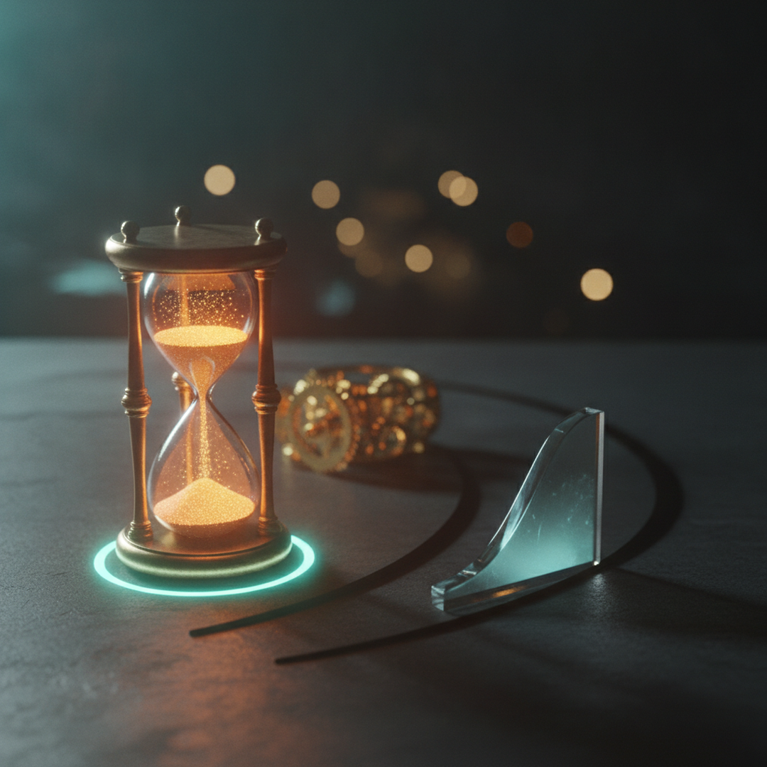 Scena 3D cinematografica che illustra il caso e la distribuzione, toni oro su near-black