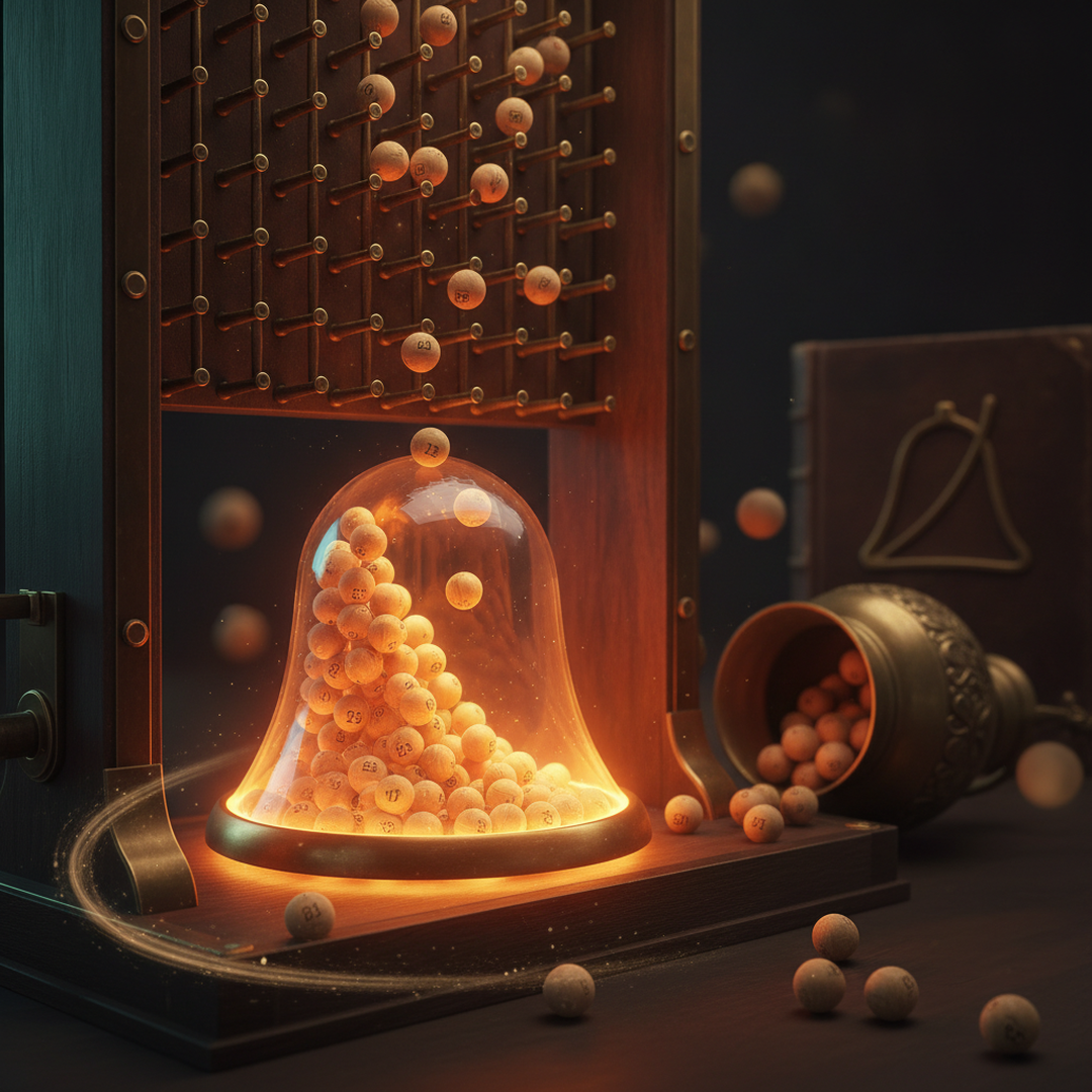 Scena 3D cinematografica che illustra il caso e la distribuzione, toni oro su near-black