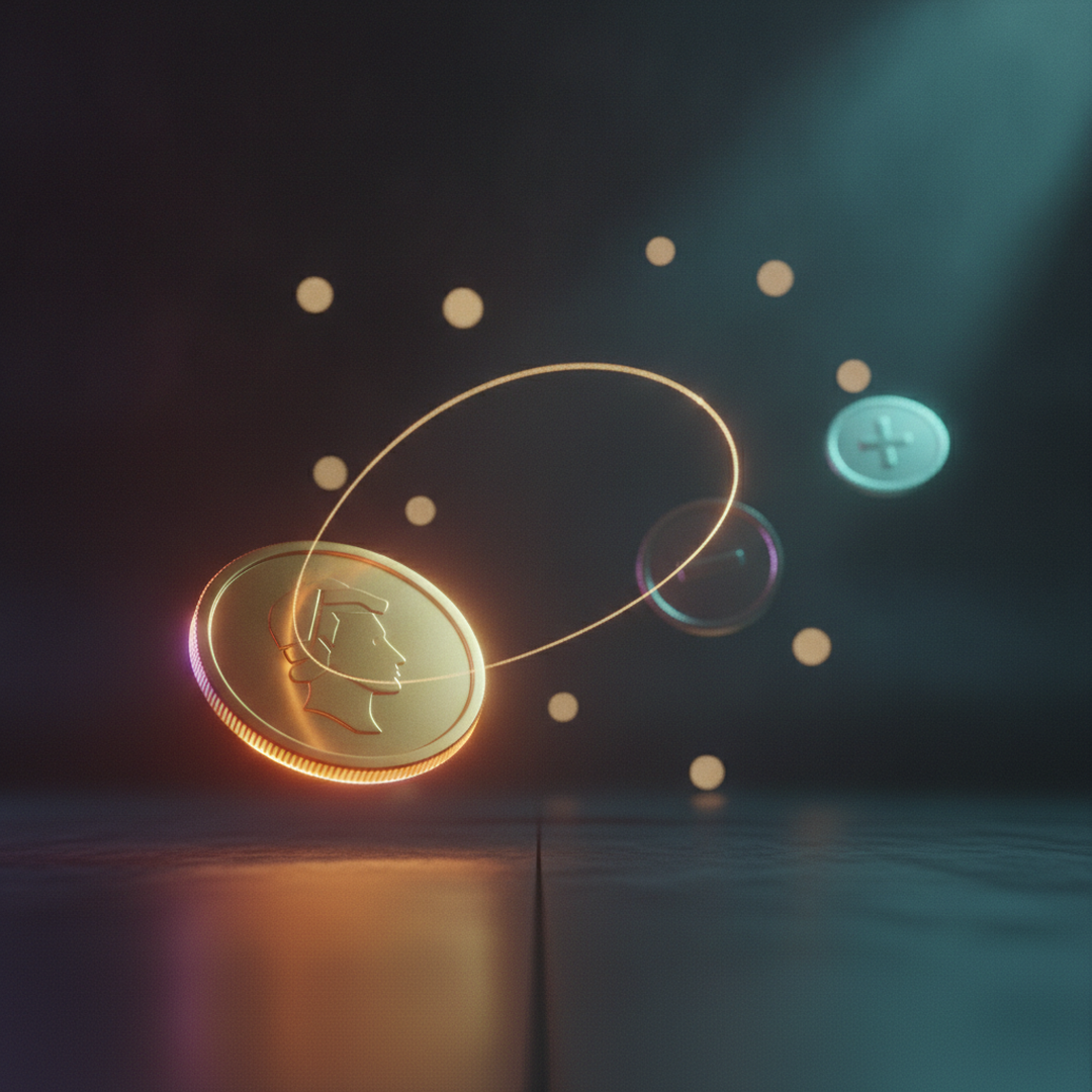Cinematic 3D scene illustrating chance and distribution, gold tones on near-black