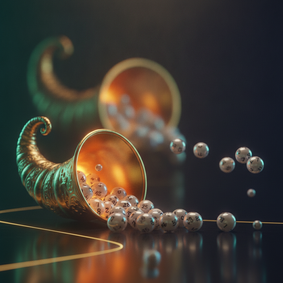 Scena 3D cinematografica che illustra il caso e la distribuzione, toni oro su near-black
