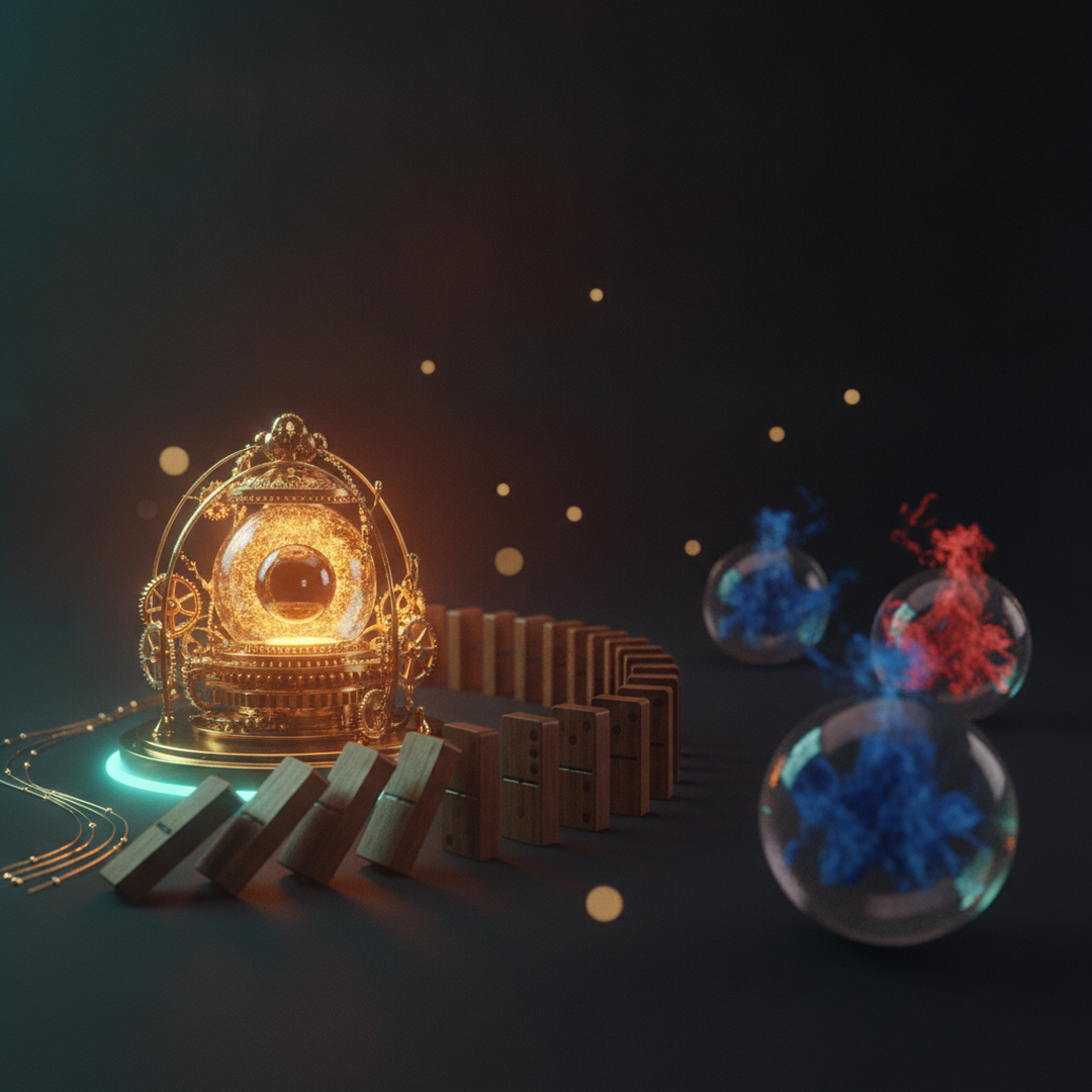 Illustrazione editoriale cinematografica su probabilità e statistica, luce gold su fondo scuro