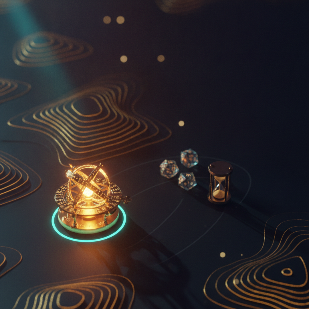 Scena 3D cinematografica che illustra il caso e la distribuzione, toni oro su near-black
