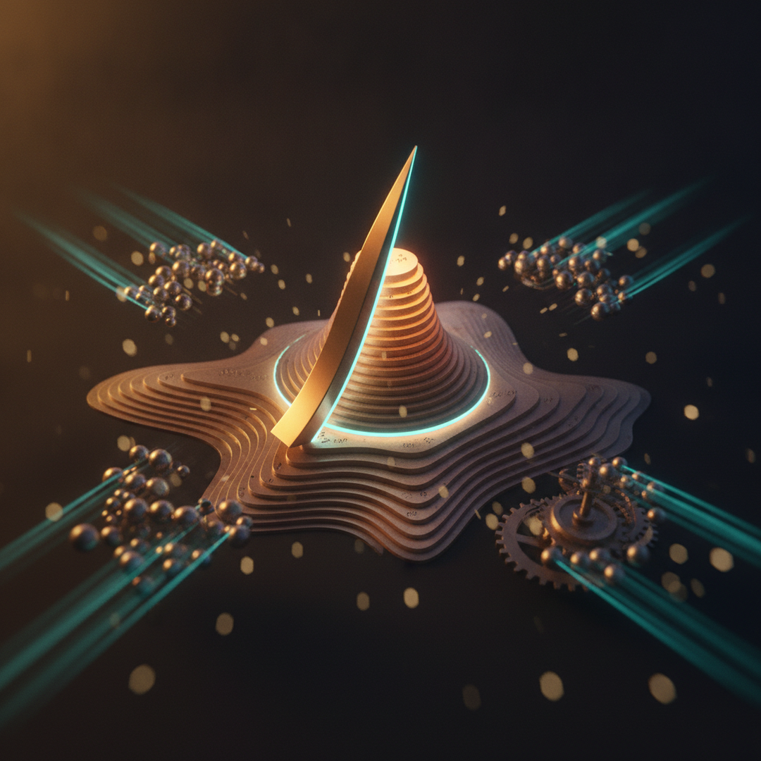 Editorial cinematic illustration on probability and statistics, gold light on dark background