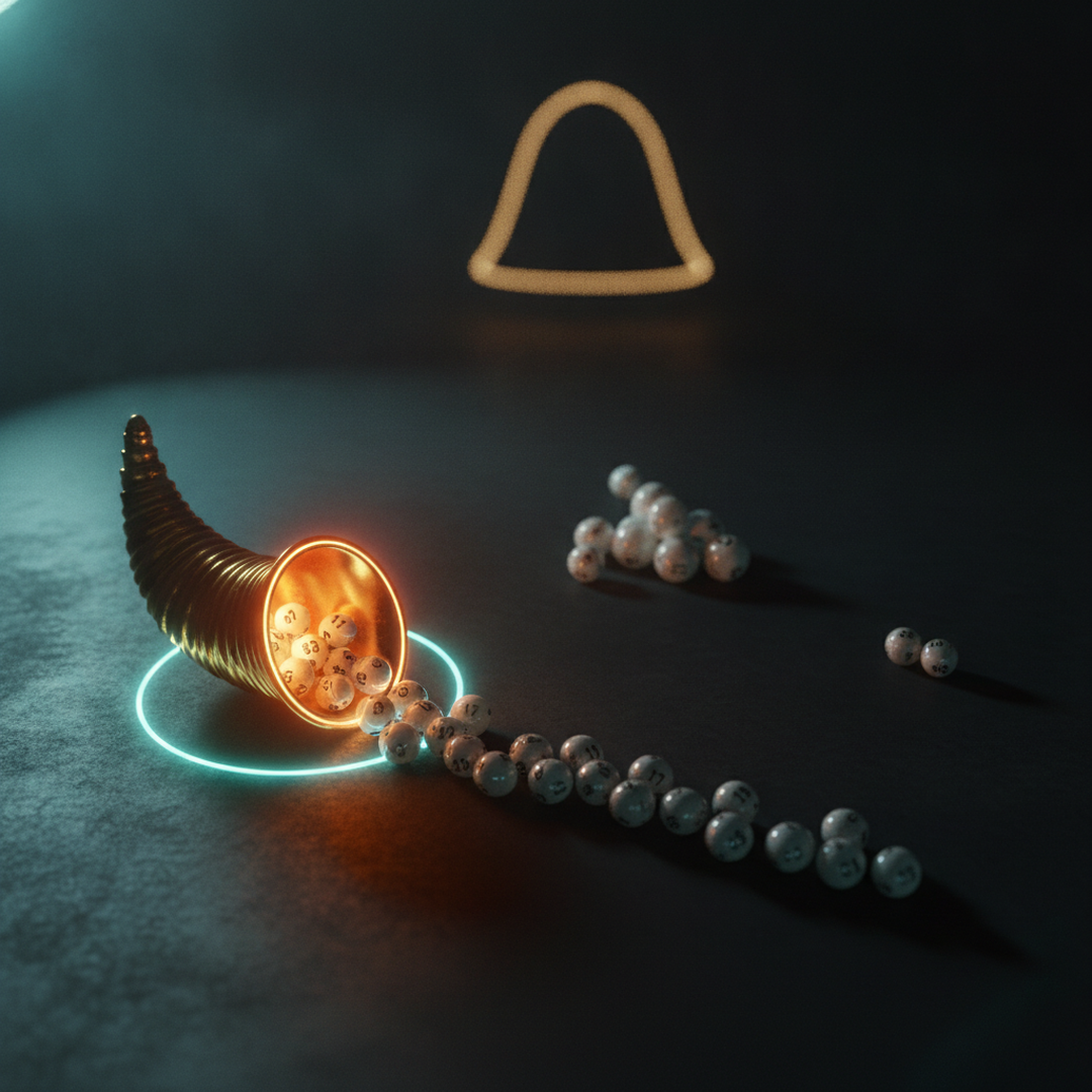 Cinematic 3D scene illustrating chance and distribution, gold tones on near-black
