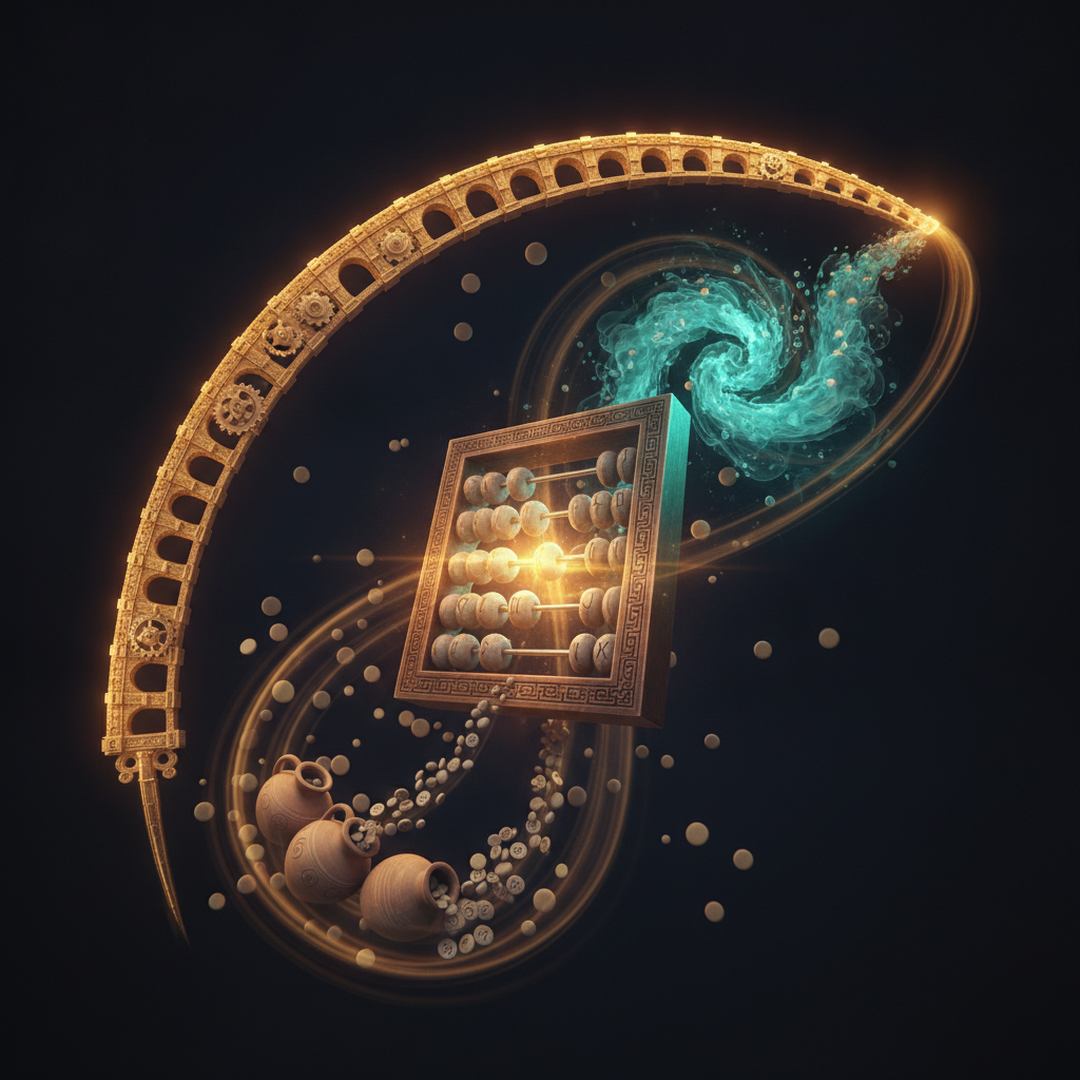 Illustrazione editoriale cinematografica su probabilità e statistica, luce gold su fondo scuro