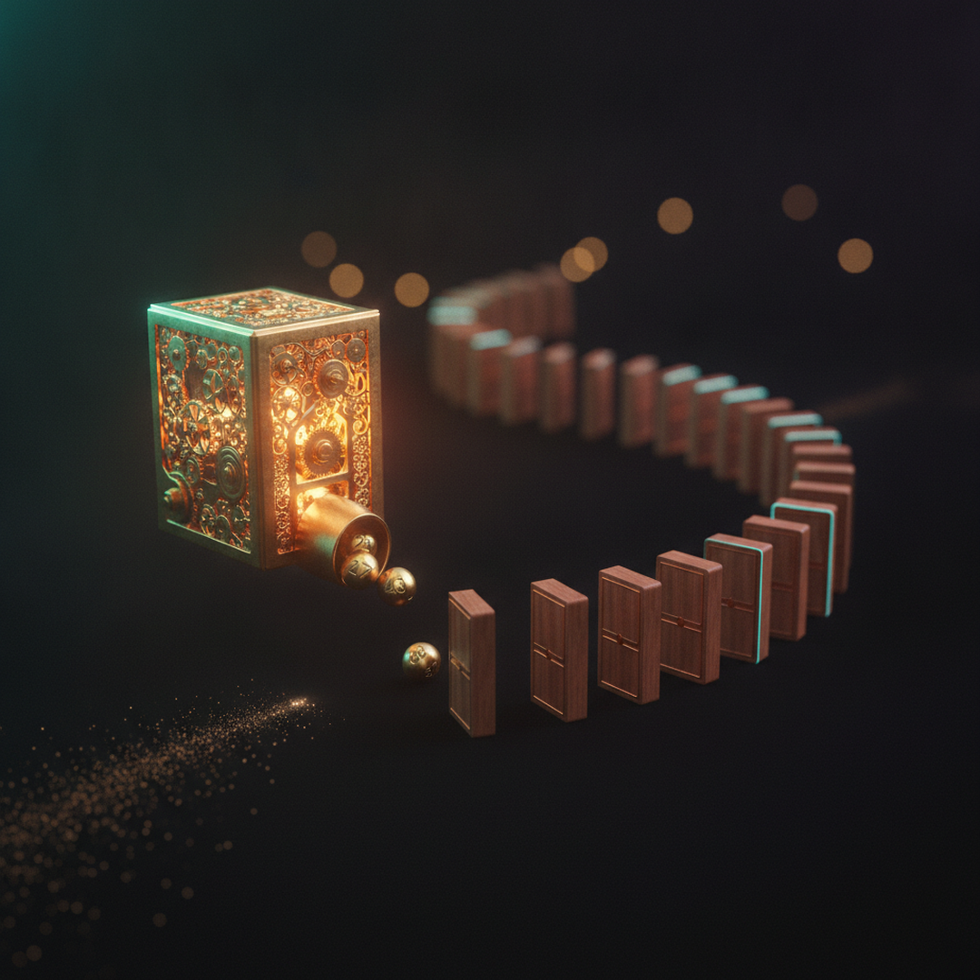 Scena 3D cinematografica che illustra il caso e la distribuzione, toni oro su near-black