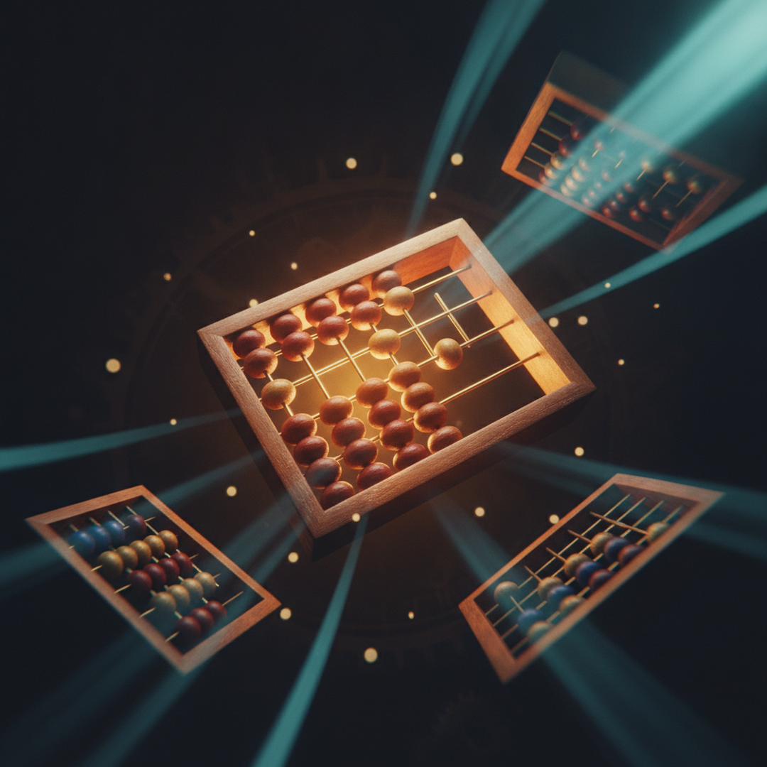 Editorial cinematic illustration on probability and statistics, gold light on dark background