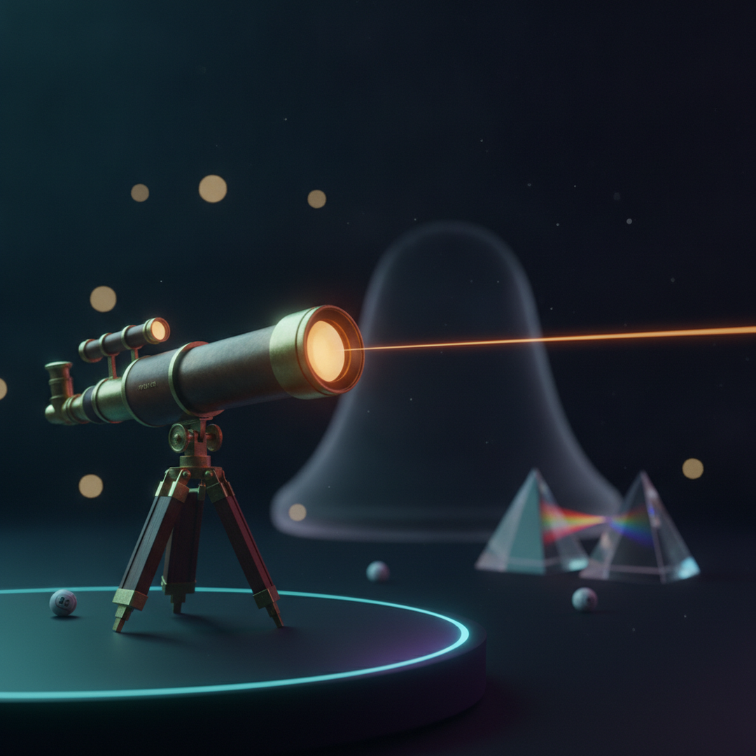 Cinematic 3D scene illustrating chance and distribution, gold tones on near-black