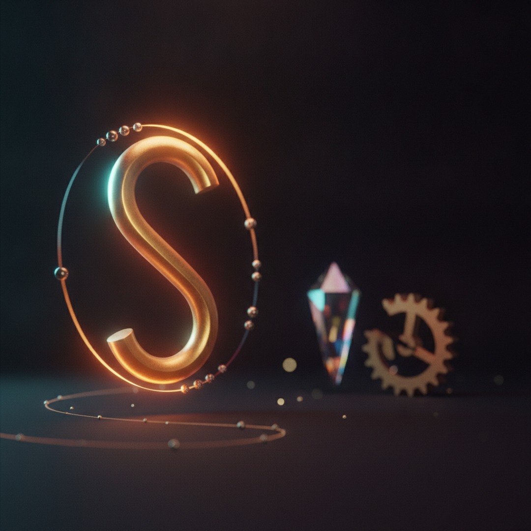 Scena 3D cinematografica che illustra il caso e la distribuzione, toni oro su near-black