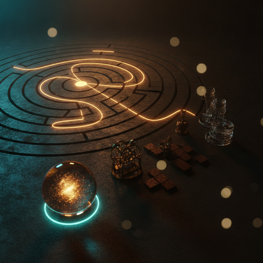 Scena 3D cinematografica che illustra il caso e la distribuzione, toni oro su near-black