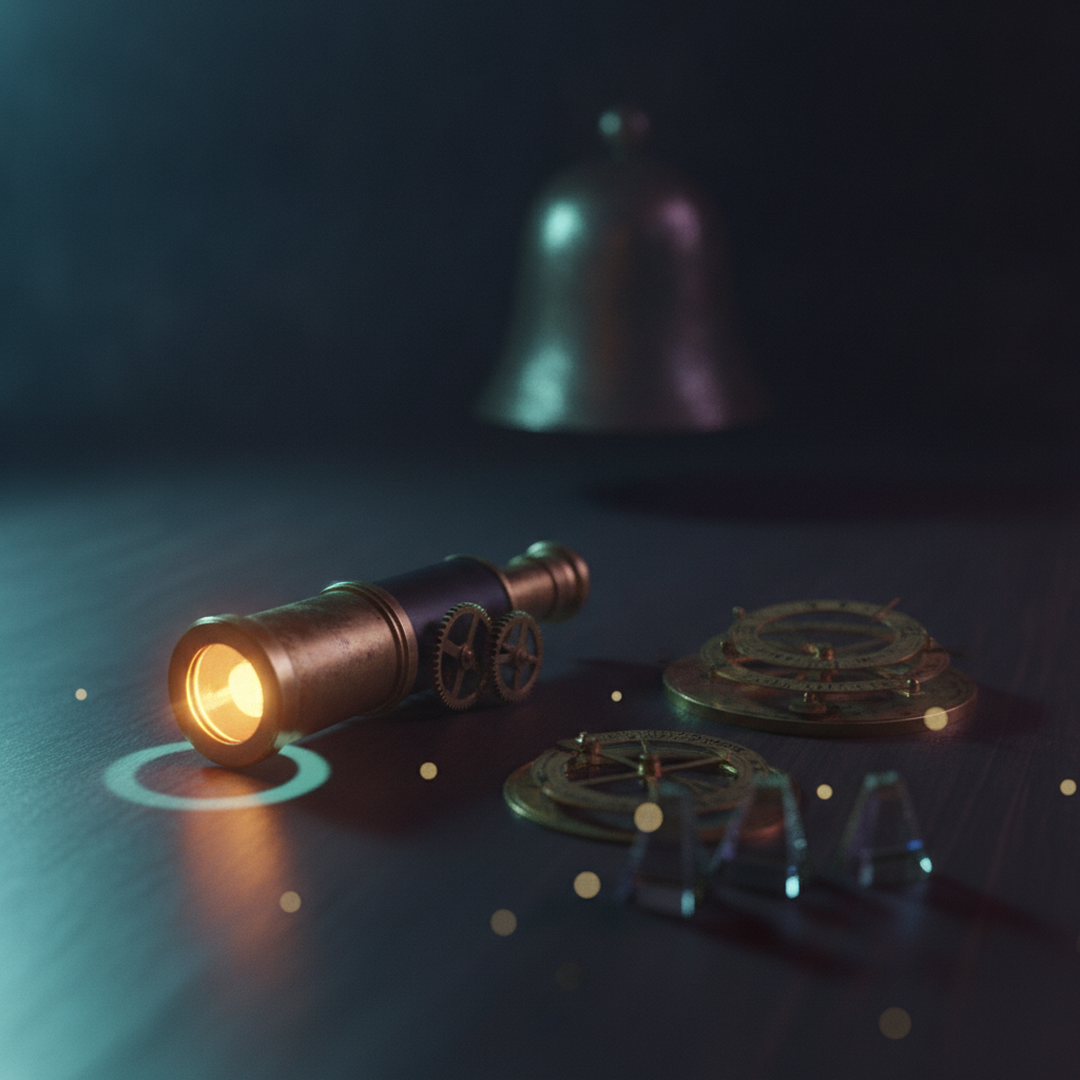 Cinematic 3D scene illustrating chance and distribution, gold tones on near-black