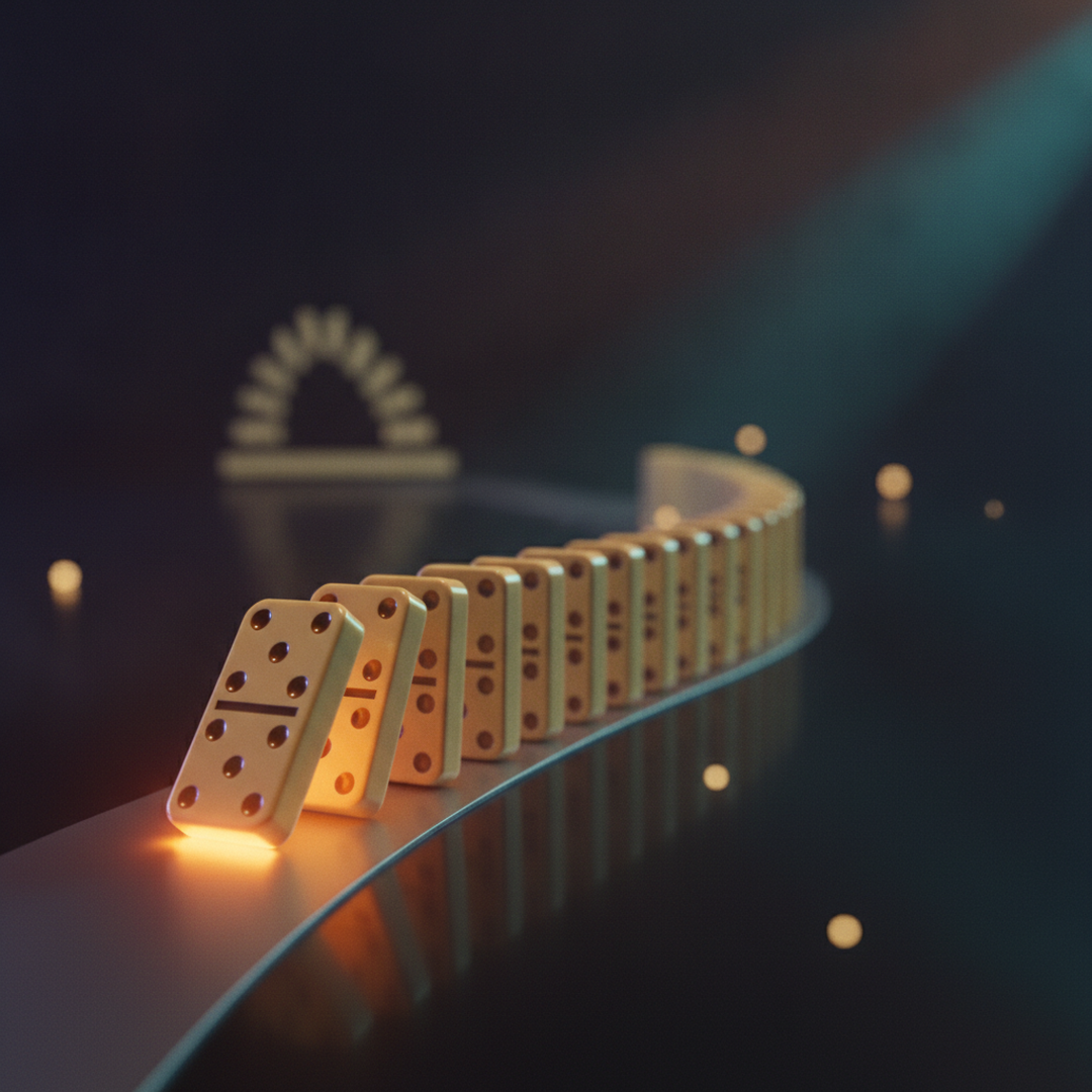 Scena 3D cinematografica che illustra il caso e la distribuzione, toni oro su near-black