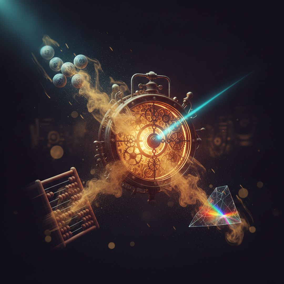 Scena 3D cinematografica che illustra il caso e la distribuzione, toni oro su near-black