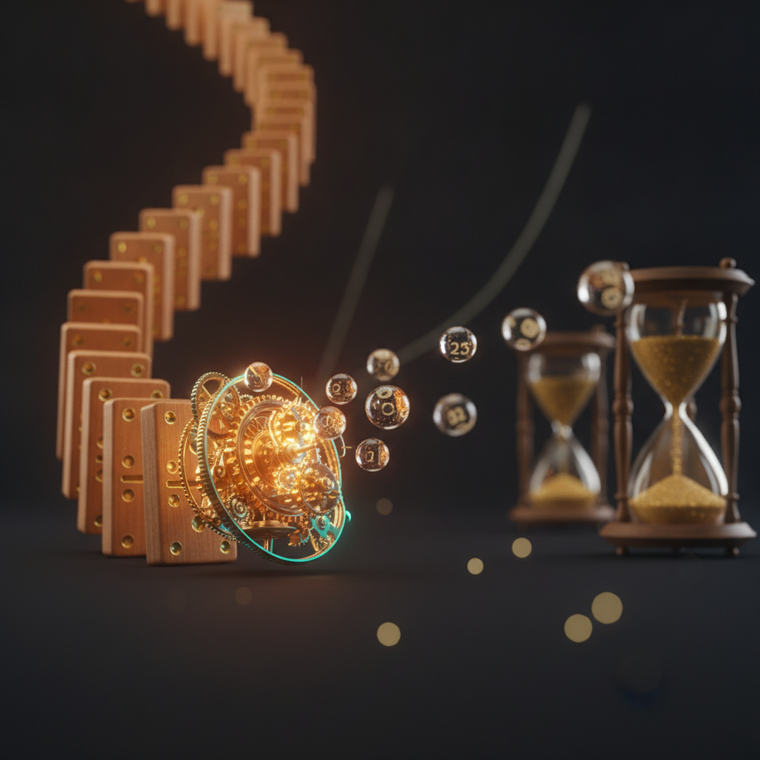 Illustrazione editoriale cinematografica su probabilità e statistica, luce gold su fondo scuro