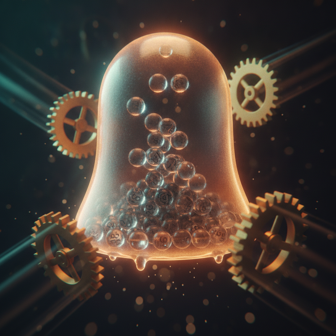 Scena 3D cinematografica che illustra il caso e la distribuzione, toni oro su near-black