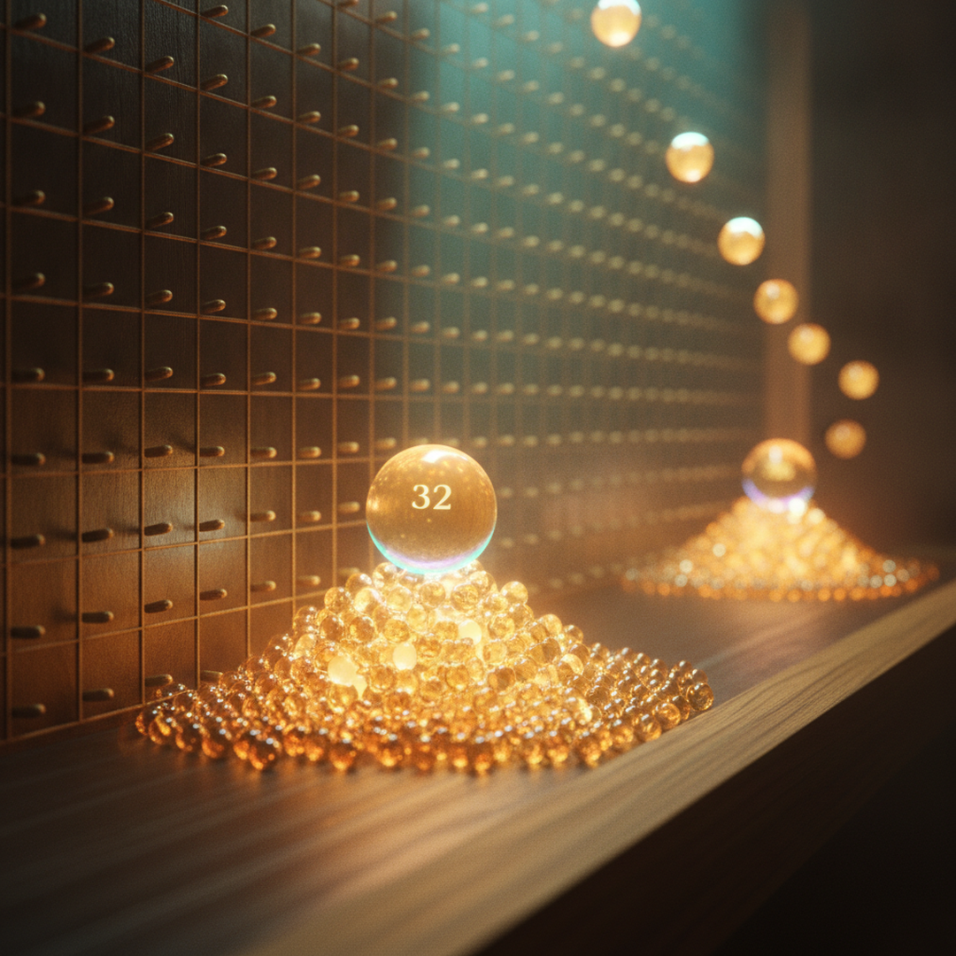 Scena 3D cinematografica che illustra il caso e la distribuzione, toni oro su near-black
