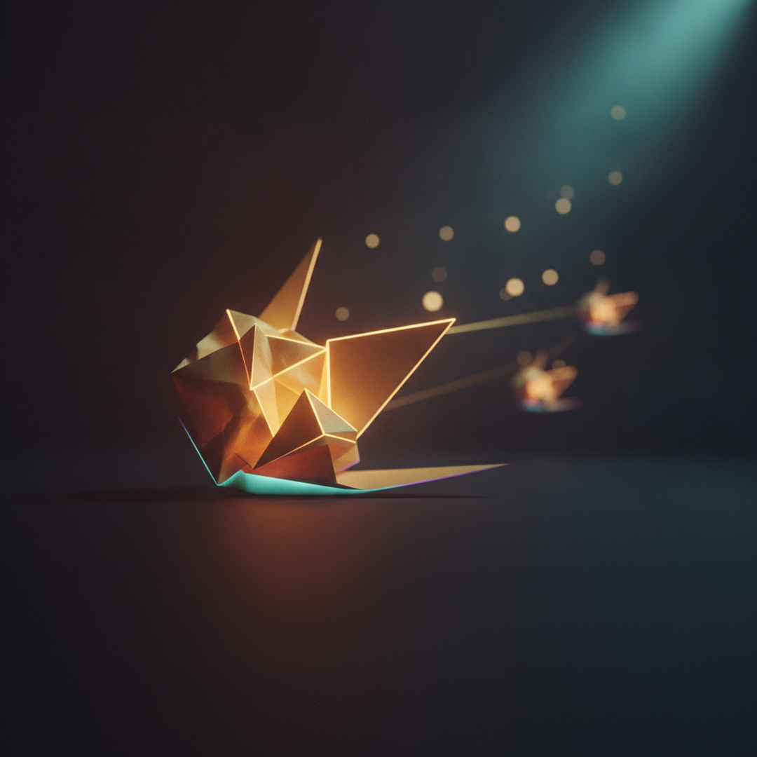 Scena 3D cinematografica che illustra il caso e la distribuzione, toni oro su near-black