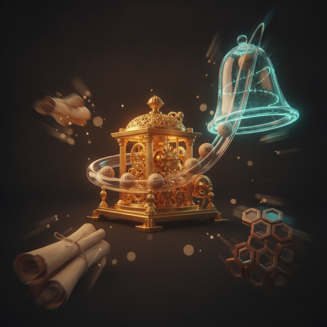 Scena 3D cinematografica che illustra il caso e la distribuzione, toni oro su near-black