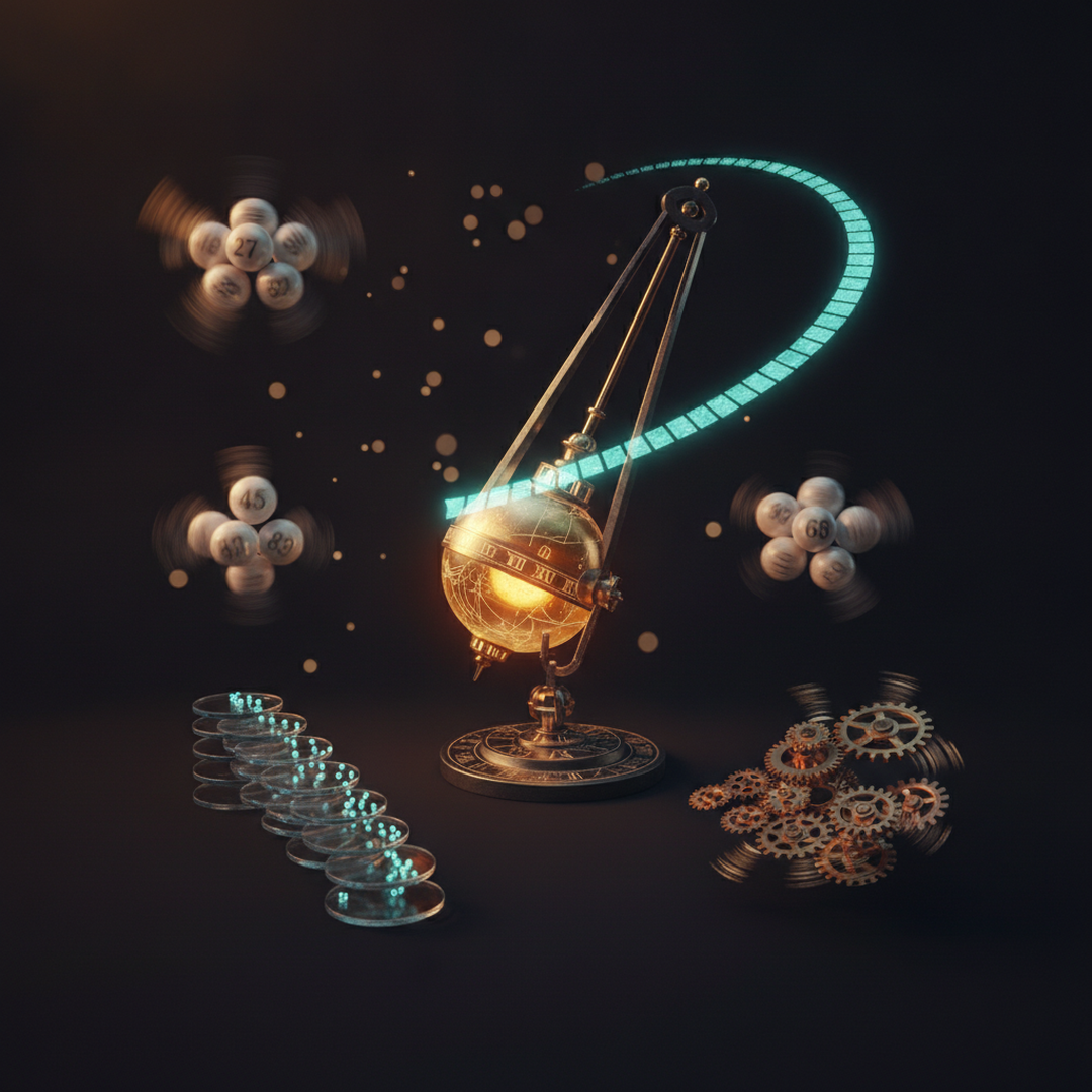 Illustrazione editoriale cinematografica su probabilità e statistica, luce gold su fondo scuro