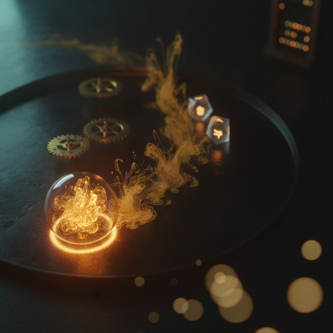 Scena 3D cinematografica che illustra il caso e la distribuzione, toni oro su near-black