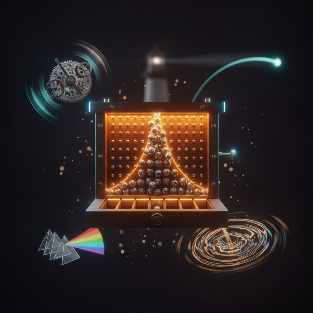 Illustrazione editoriale cinematografica su probabilità e statistica, luce gold su fondo scuro