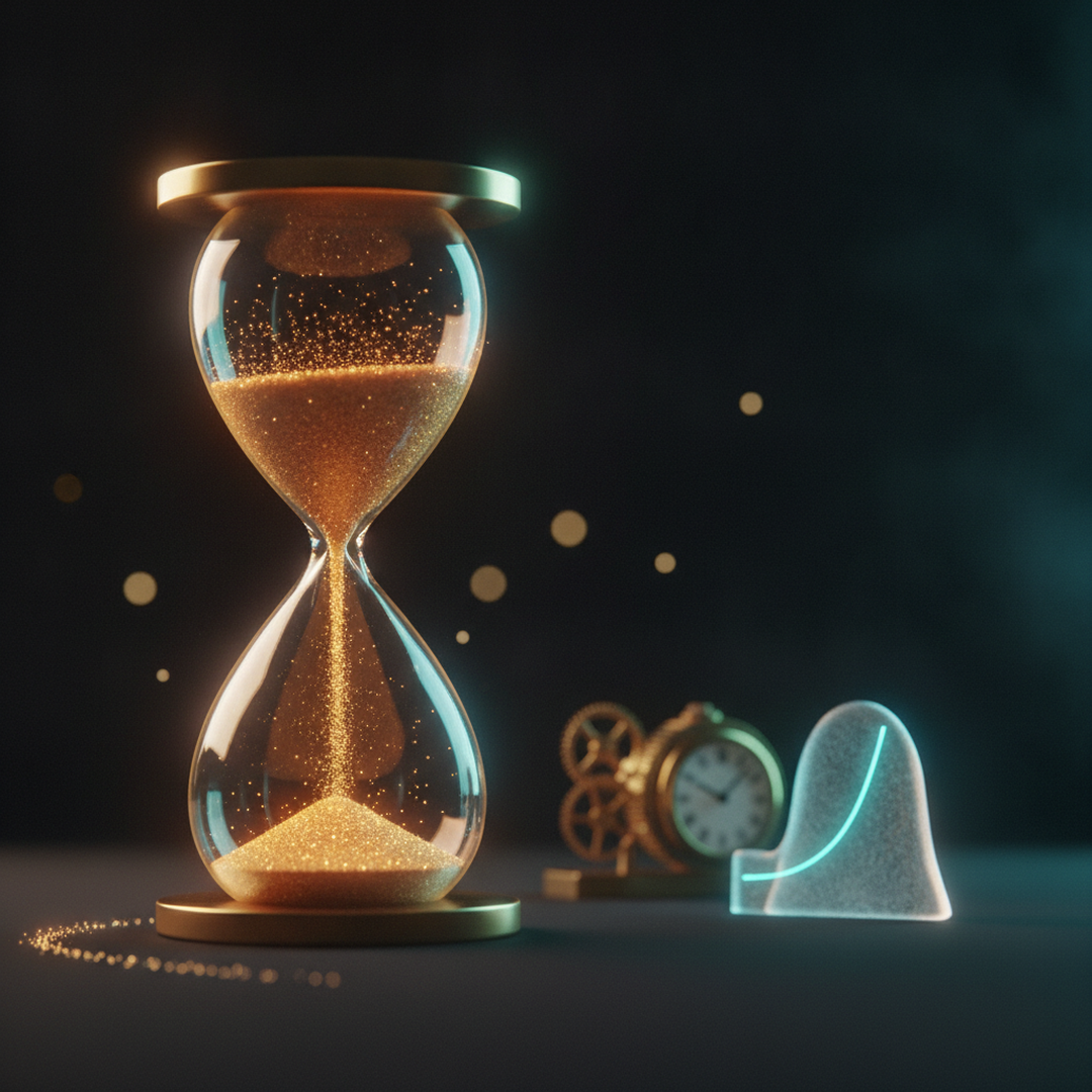 Editorial cinematic illustration on probability and statistics, gold light on dark background