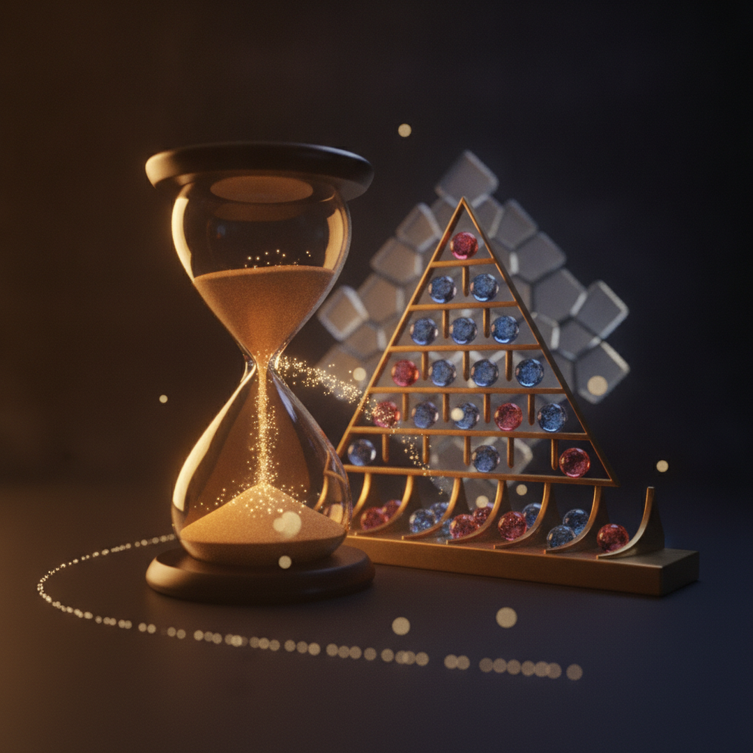Illustrazione editoriale cinematografica su probabilità e statistica, luce gold su fondo scuro