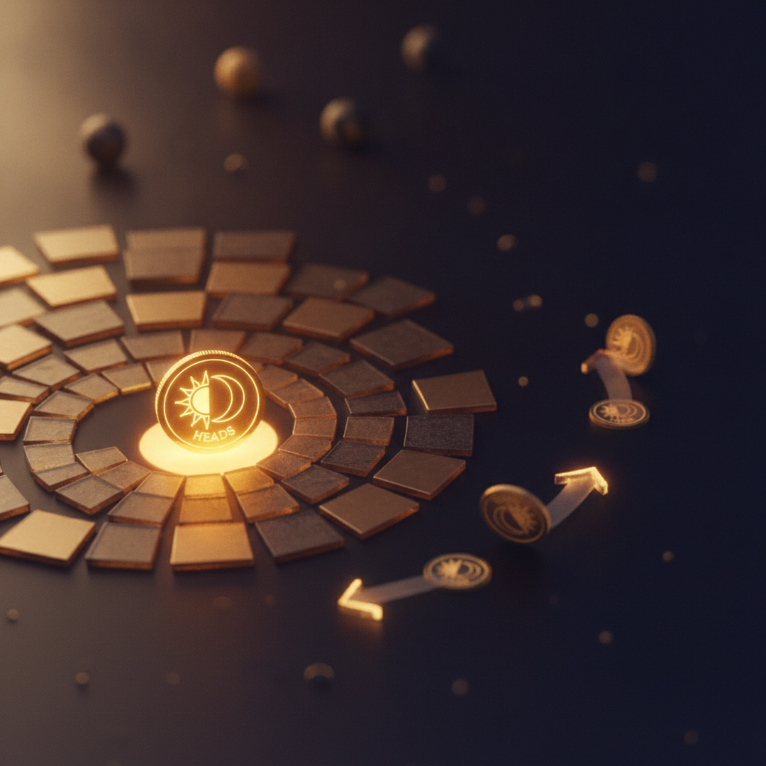 Scena 3D cinematografica che illustra il caso e la distribuzione, toni oro su near-black