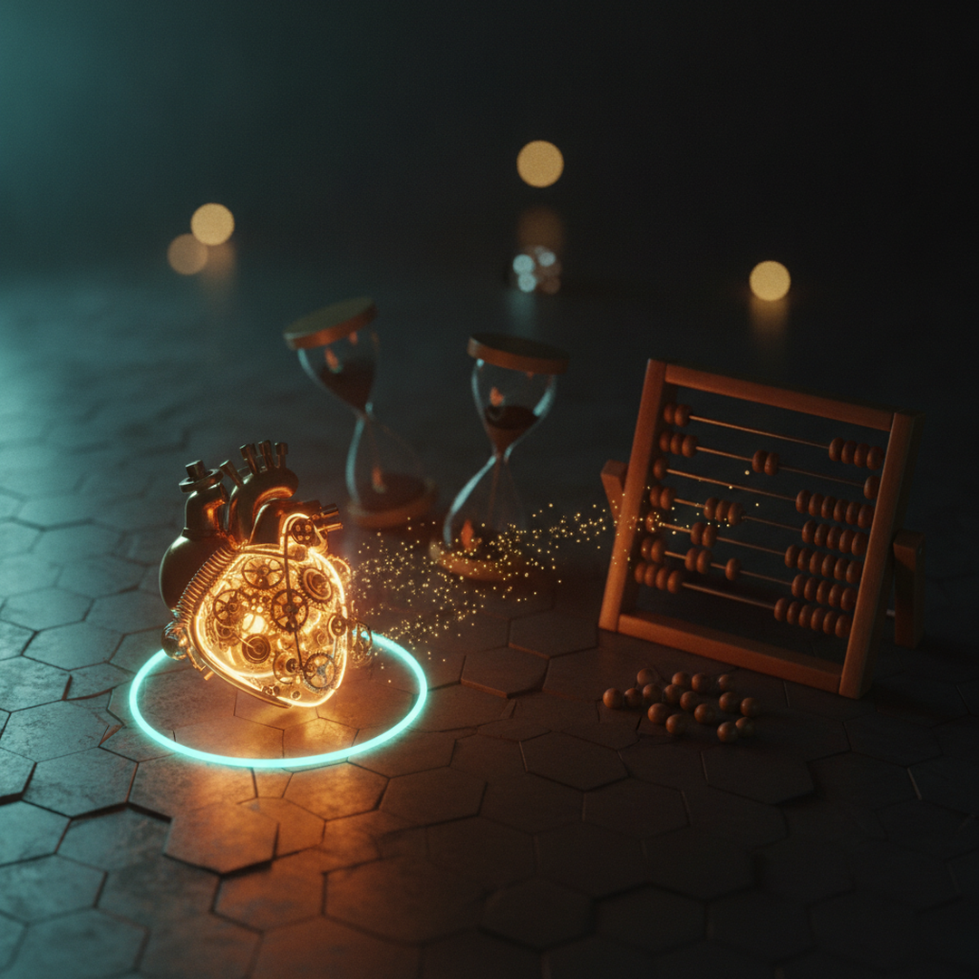 Cinematic 3D scene illustrating chance and distribution, gold tones on near-black