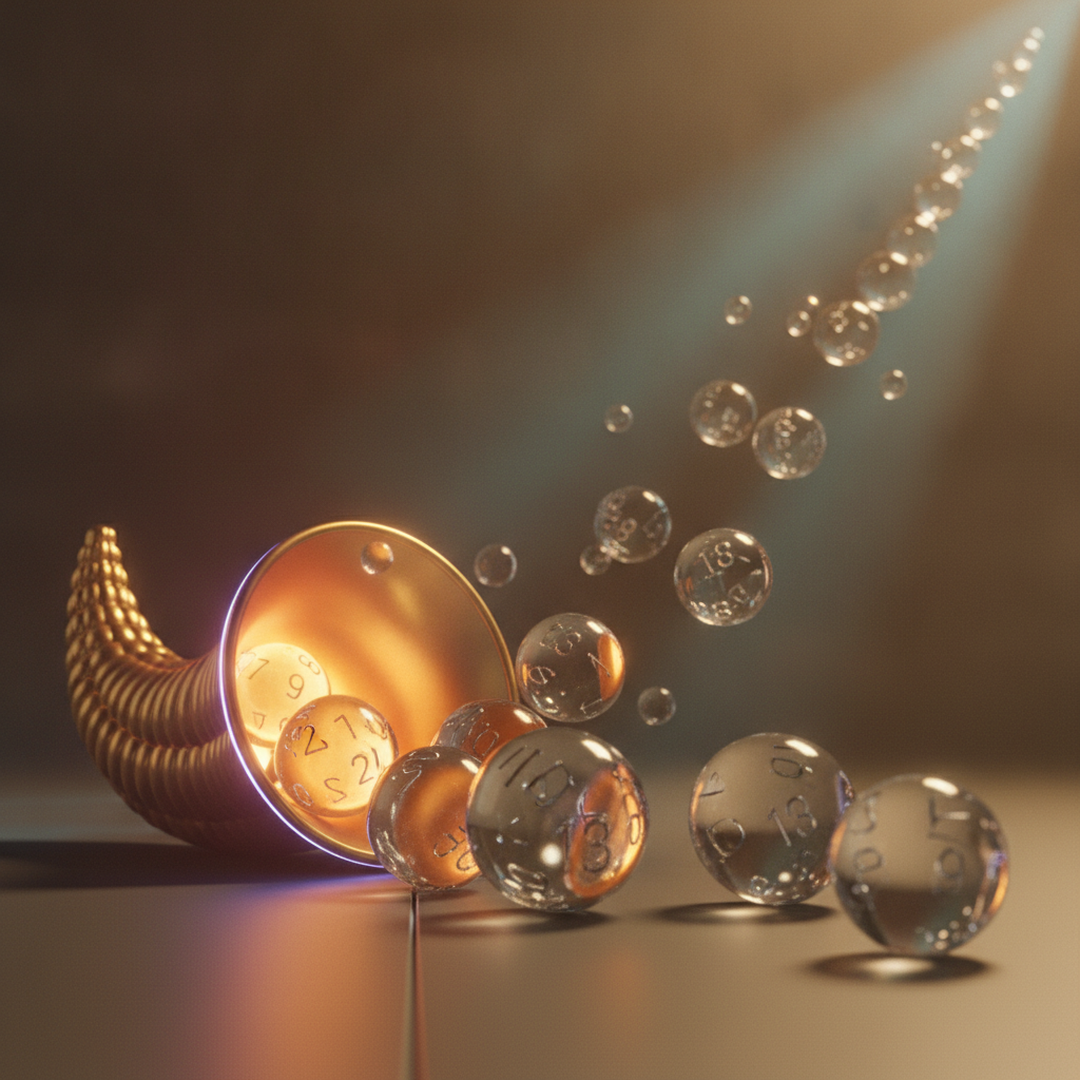 Scena 3D cinematografica che illustra il caso e la distribuzione, toni oro su near-black