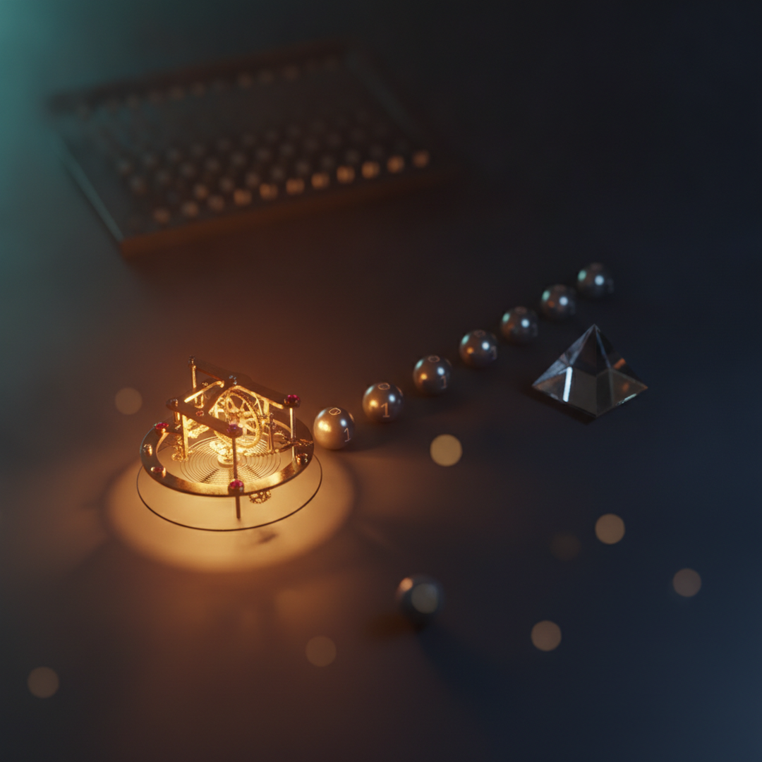Illustrazione editoriale cinematografica su probabilità e statistica, luce gold su fondo scuro