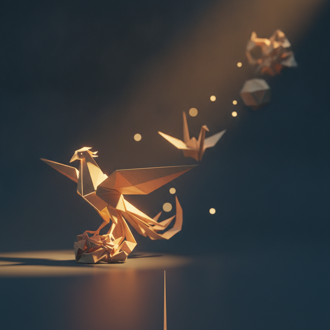 Scena 3D cinematografica che illustra il caso e la distribuzione, toni oro su near-black